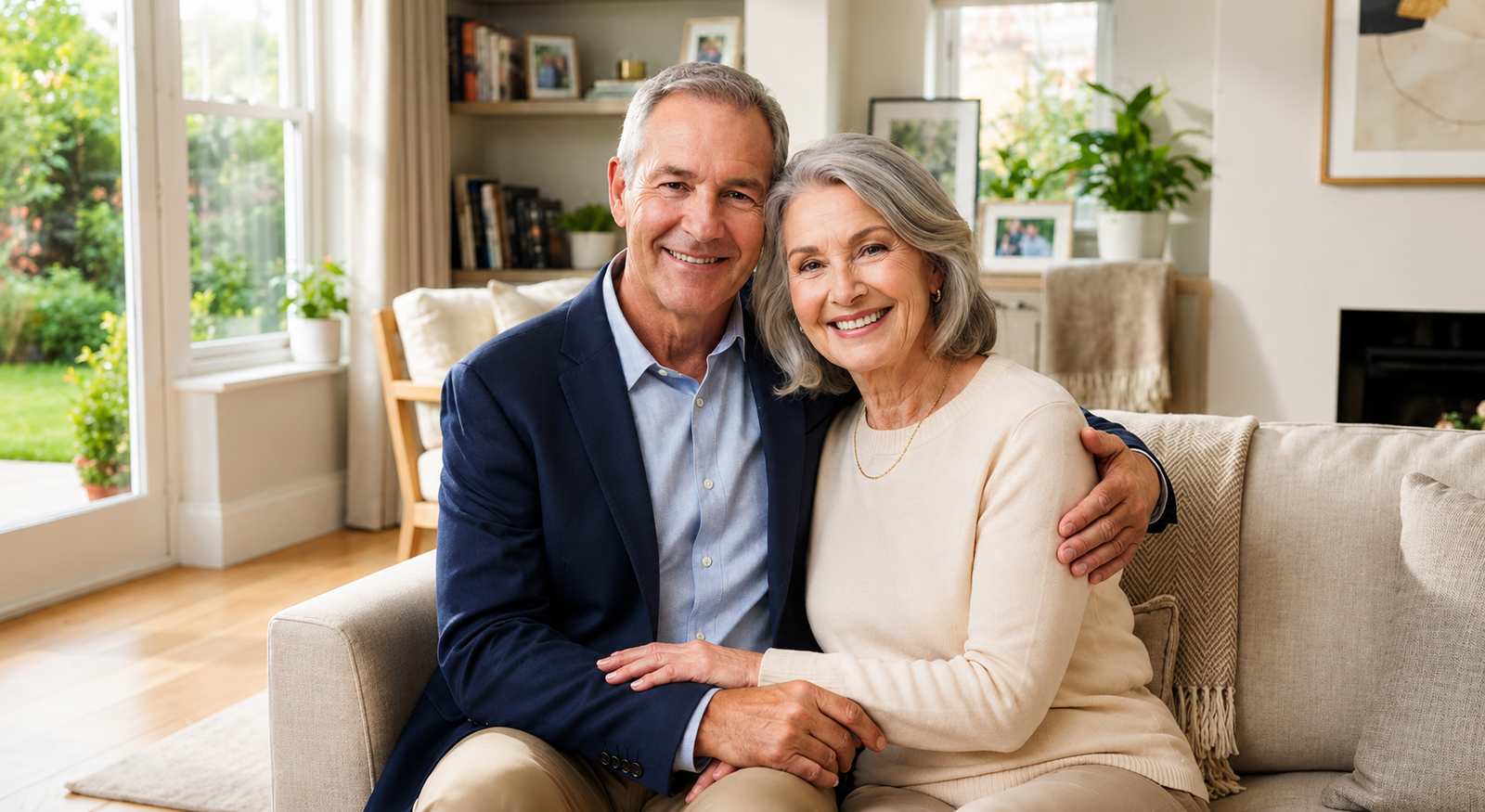 A happy senior couple smiling warmly in a sunlit living room, embodying the peace of mind that comes with financial security.